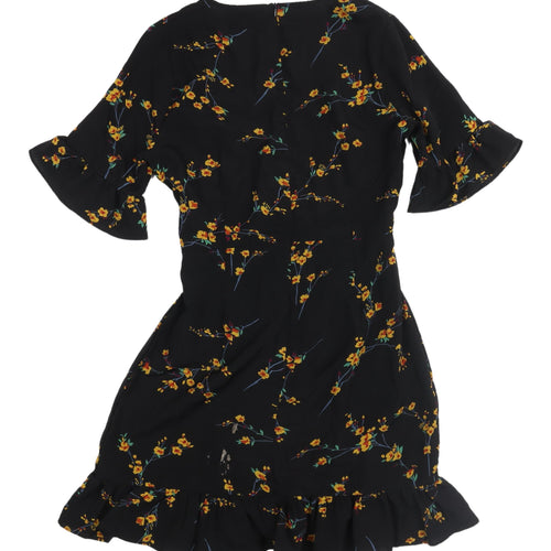 PrettyLittleThing Black Floral Wrap Dress - UK 10