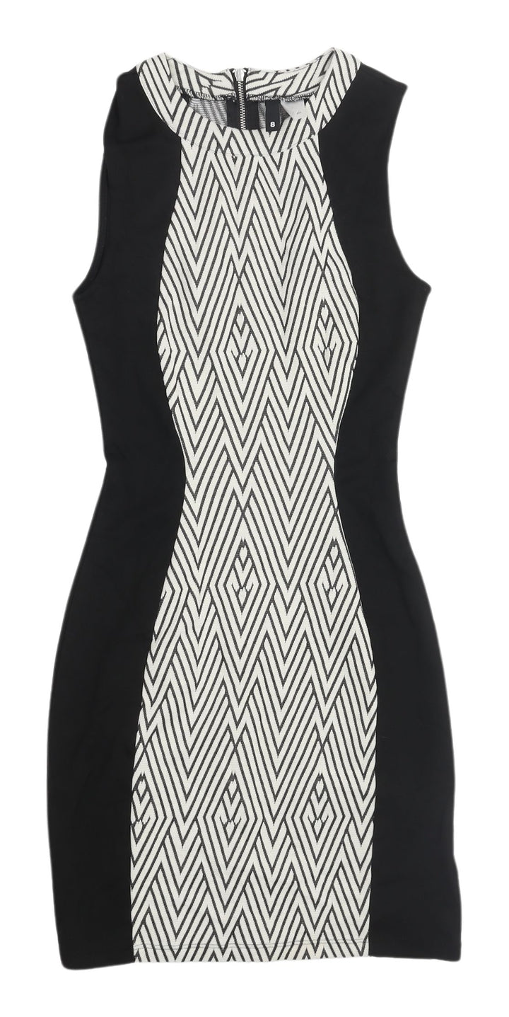 H&M Women's Black Bodycon Dress, Size 6, Geometric Pattern