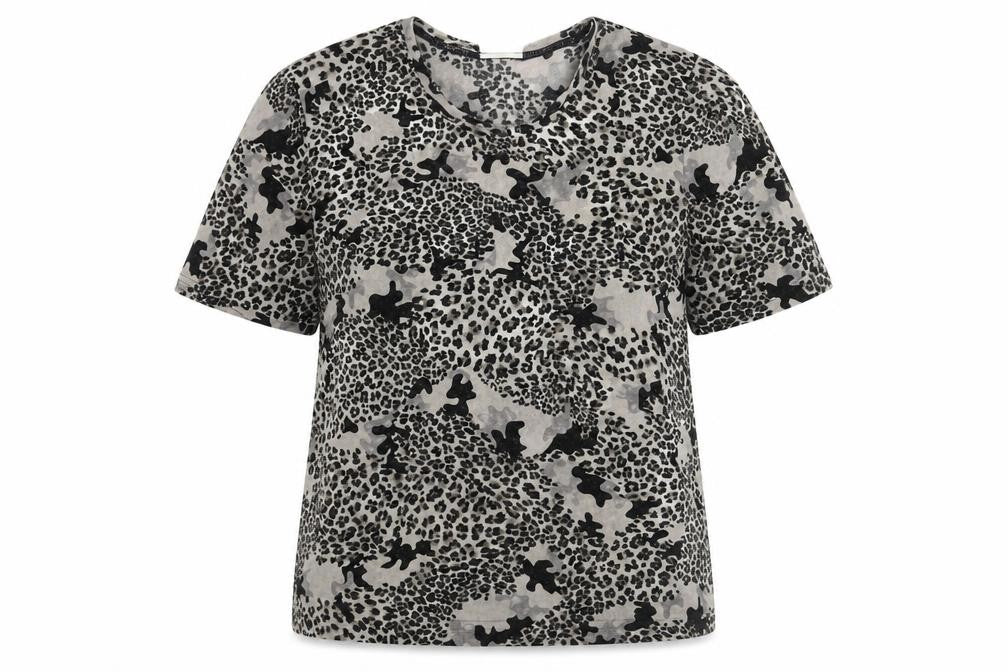 Front view of Finnson Women's Grey Animal Print T-Shirt