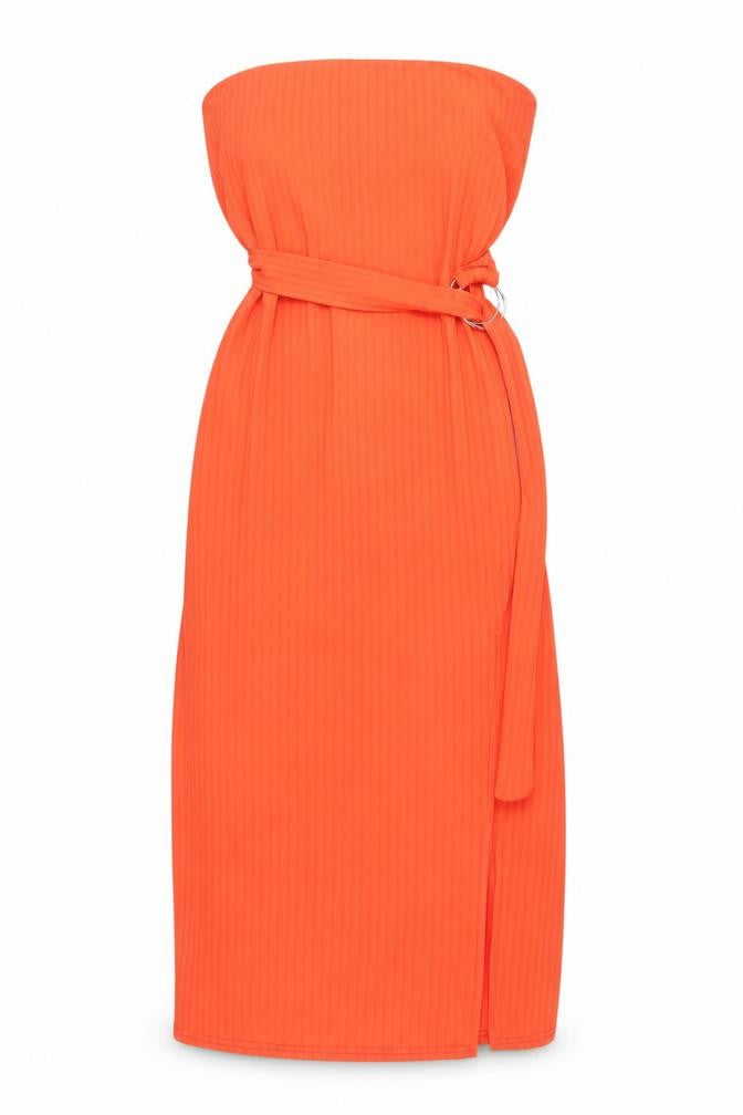 Front view of New Look Women's Orange Strapless Belted Midi Dress