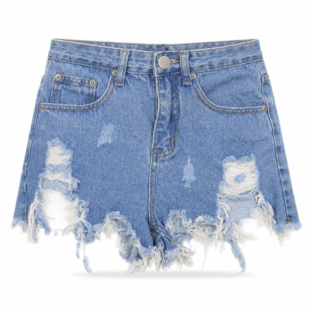 Front view of PRETTYLITTLETHING Women's Blue Cut-Off Denim Shorts UK 4