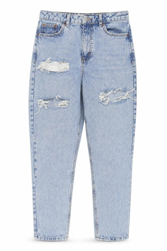 Front view of Topshop Women's Blue Distressed Mom Jeans UK 10
