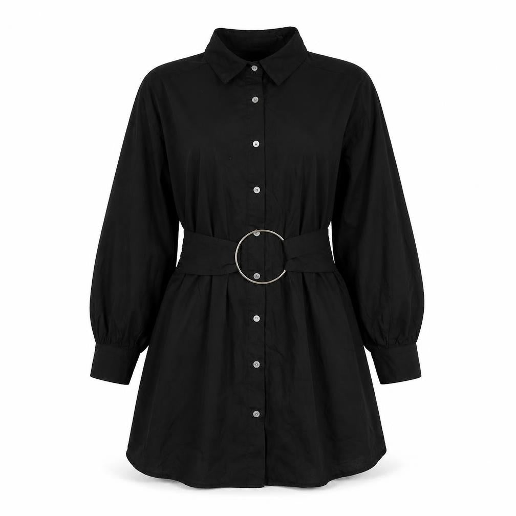 Front view of PRETTYLITTLETHING Black Shirt Dress, size 8, Women's, Collared