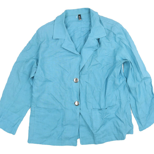 Key Women's Blue Linen Collared Button-Up Shirt L