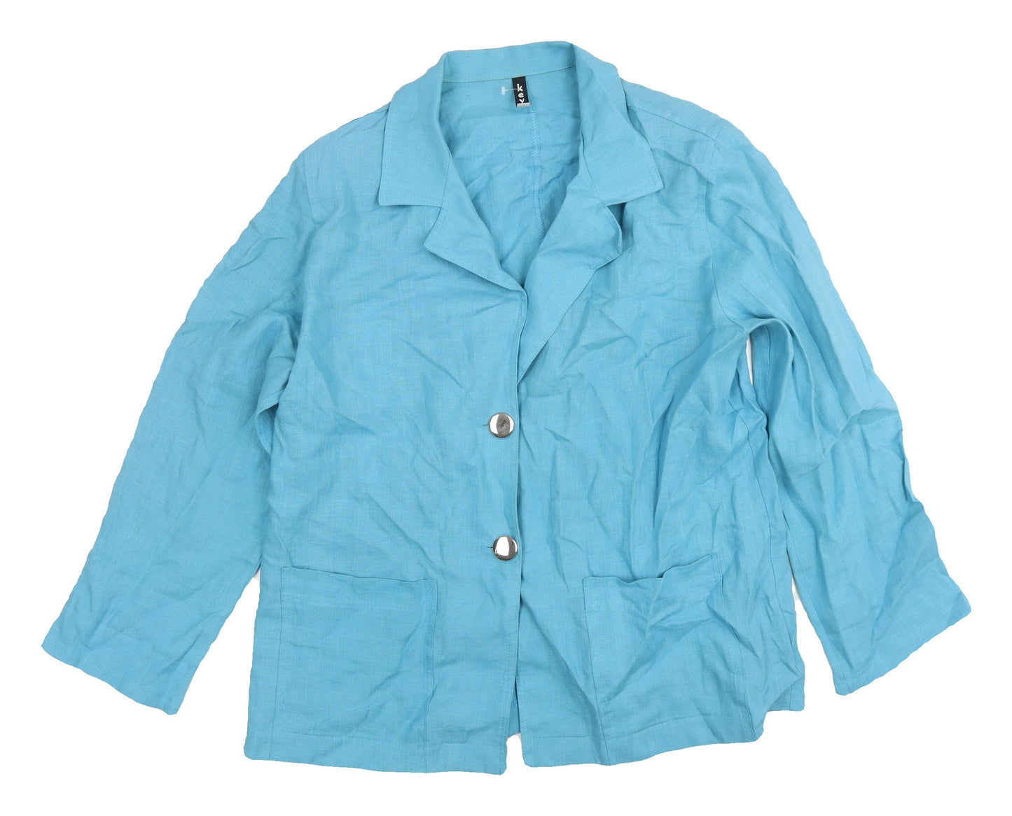 Key Women's Blue Linen Collared Button-Up Shirt L