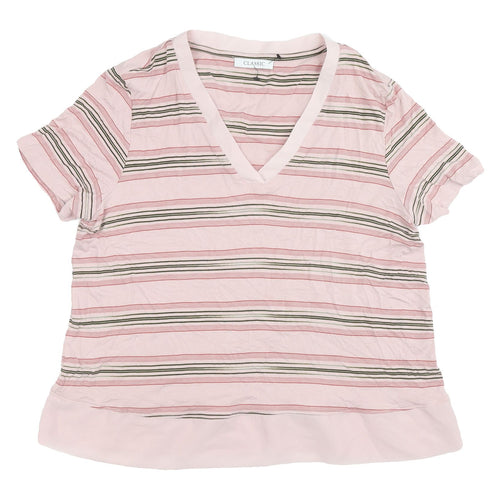 Marks and Spencer Women's Pink Striped V-Neck T-Shirt, Size 14
