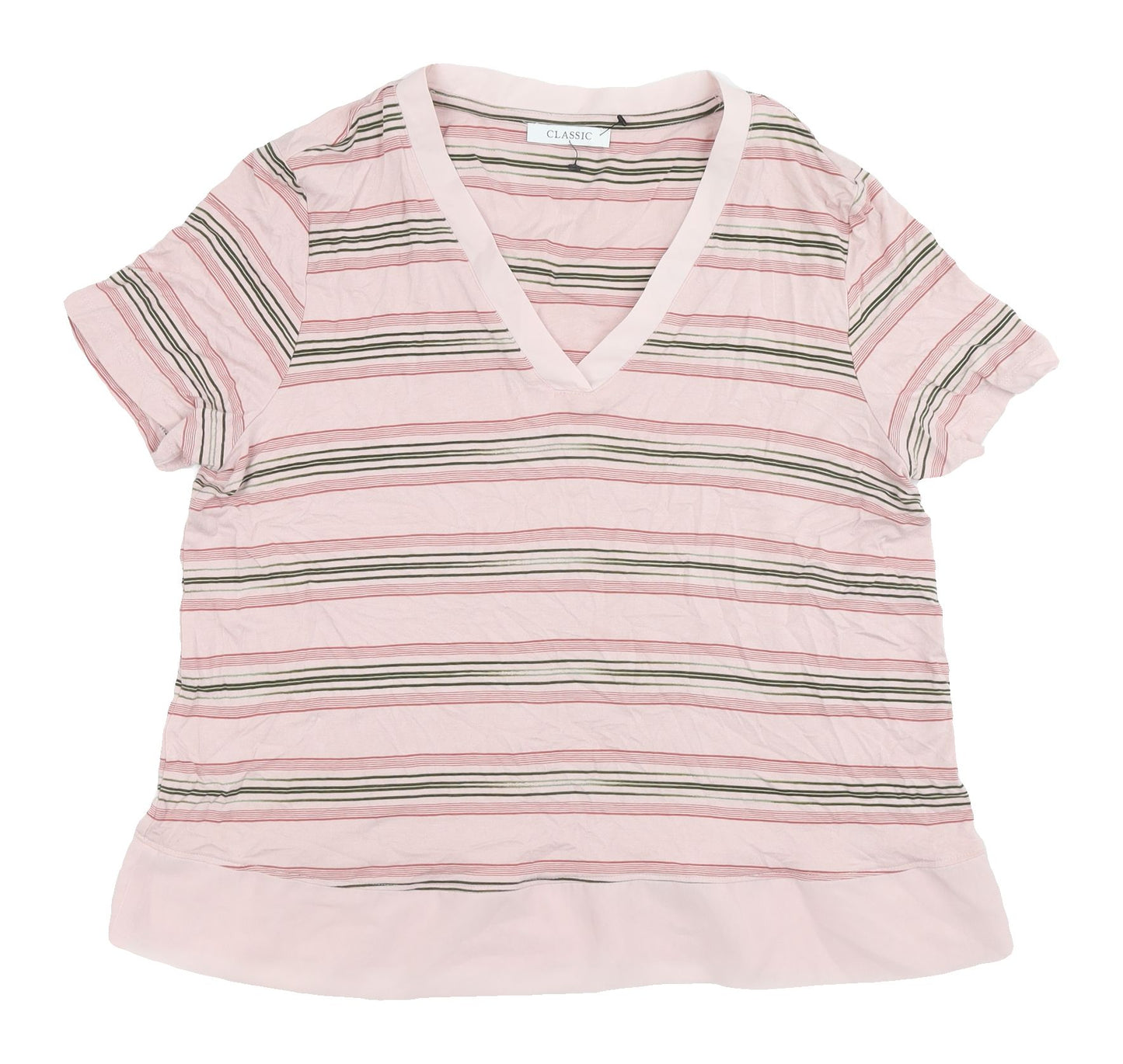 Marks and Spencer Women's Pink Striped V-Neck T-Shirt, Size 14