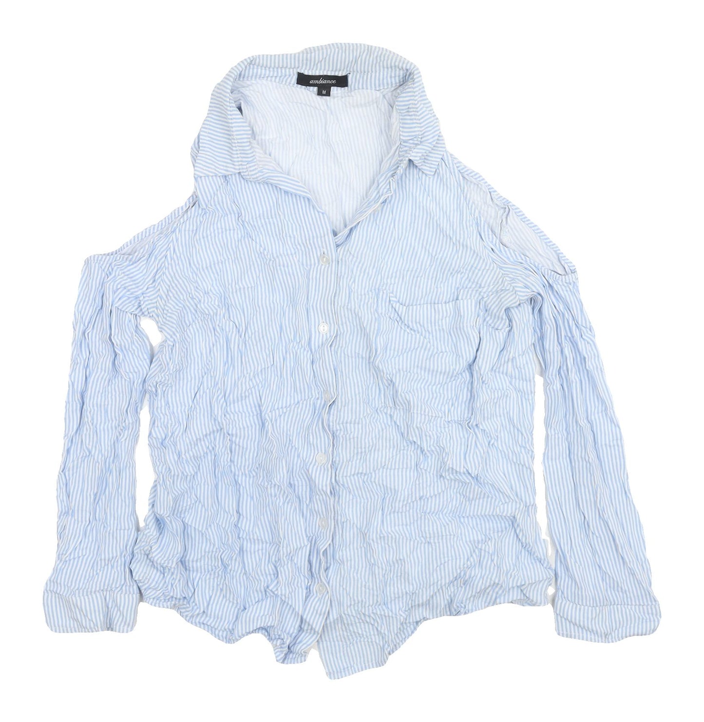 Ambiance Women's M Blue Striped Cold Shoulder Shirt