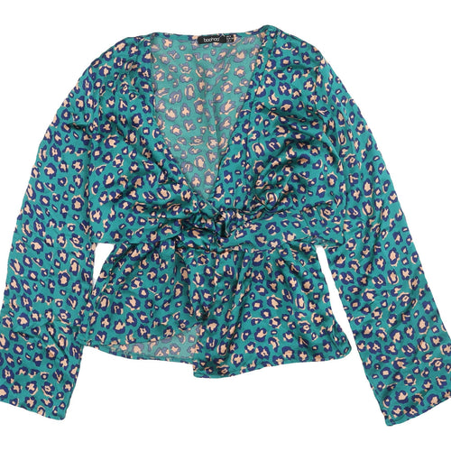 Boohoo Women's Blue Animal Print Wrap Blouse