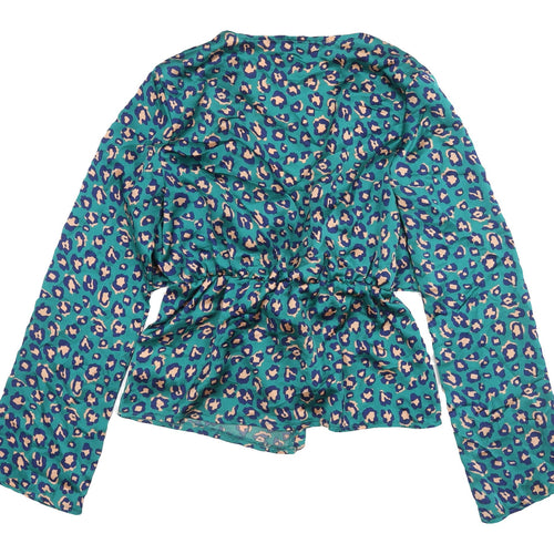 Boohoo Women's Blue Animal Print Wrap Blouse