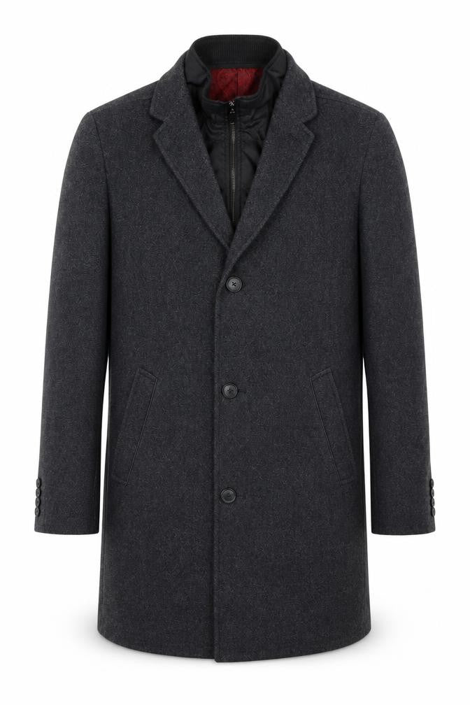 Front view of Hafnium unisex black wool blend long overcoat, size 30