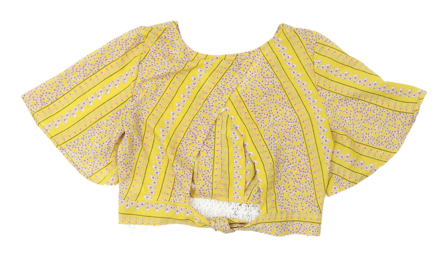 TEMT Women's Yellow Floral Bohemian Cropped Blouse