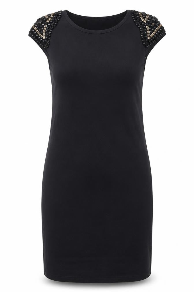 Front view of AX Paris Women's Black Beaded Short Sleeve Dress