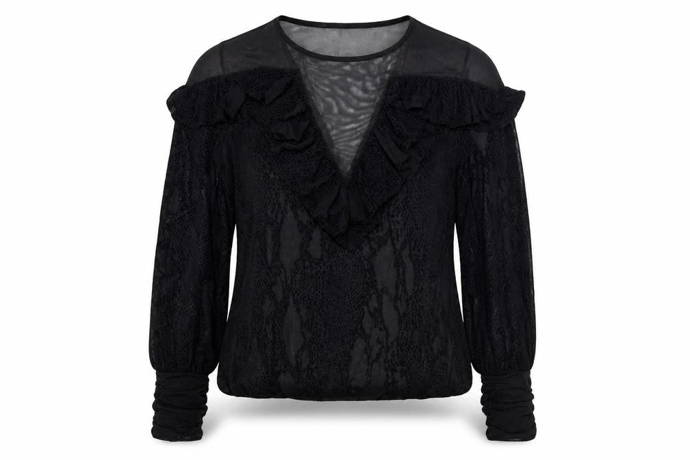 Front view of Gestuz Women's Black Mesh Blouse -, size S, Long Sleeve