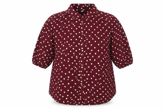 Front view of Next Women's Red Polka Dot Button-Up Shirt, size 10