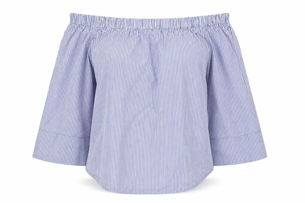 Front view of Zara Women's Blue Striped Off-the-Shoulder Blouse L