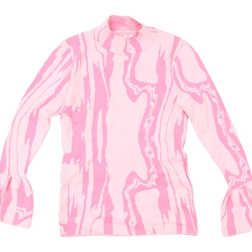 River Island Pink Geometric High Neck Blouse, Size 8