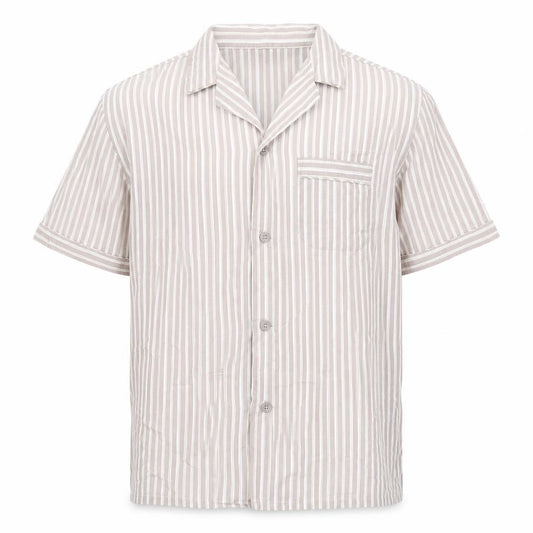 Front view of Maine New England men’s beige striped shirt m