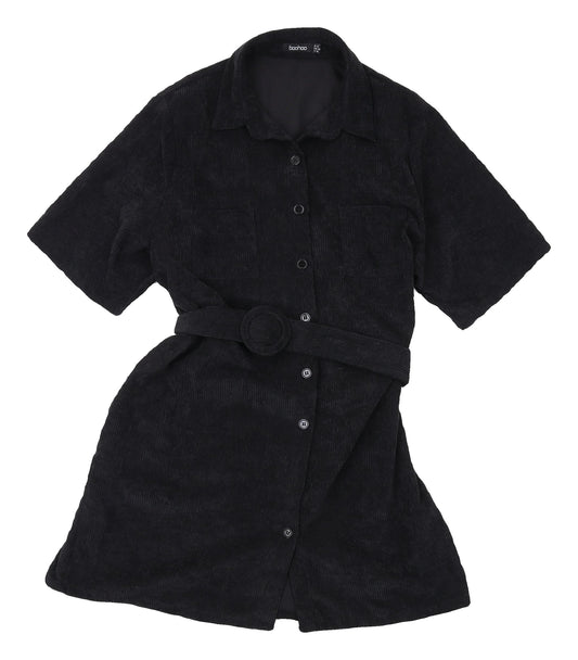 Boohoo Black Corduroy Shirt Dress, Size 14, Women's Classic