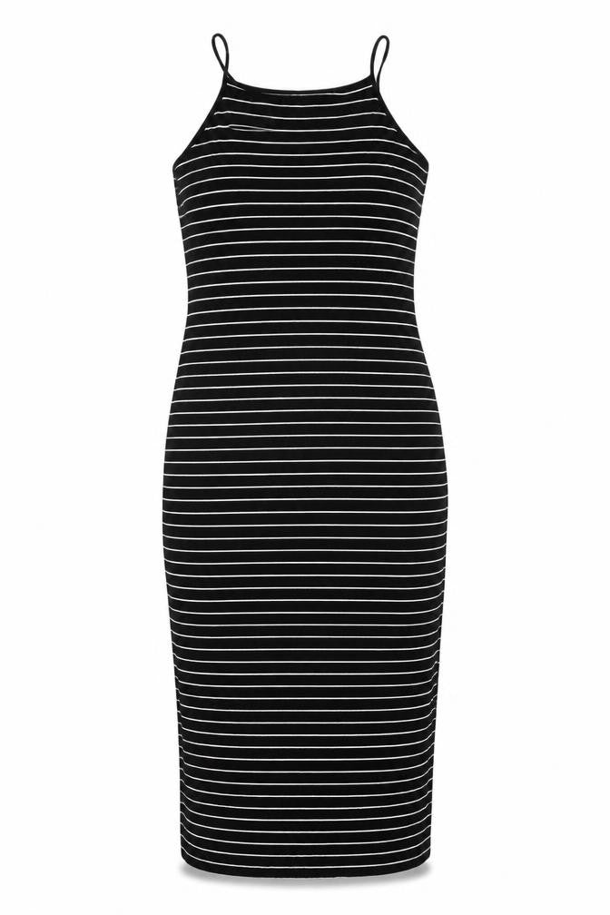 Black Striped Bodycon Midi Dress - Women's Summer Style Size M