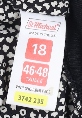 St Michael Women's Black Floral Blouse, Size 18, Shoulder Pads