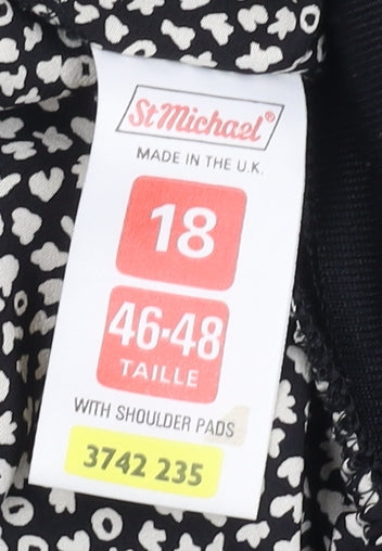 St Michael Women's Black Floral Blouse, Size 18, Shoulder Pads