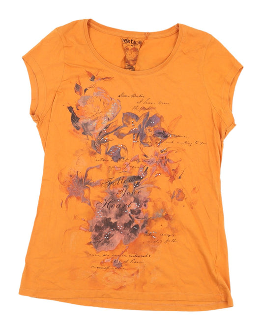 Next Women's Orange Floral Cotton T-Shirt Size 16