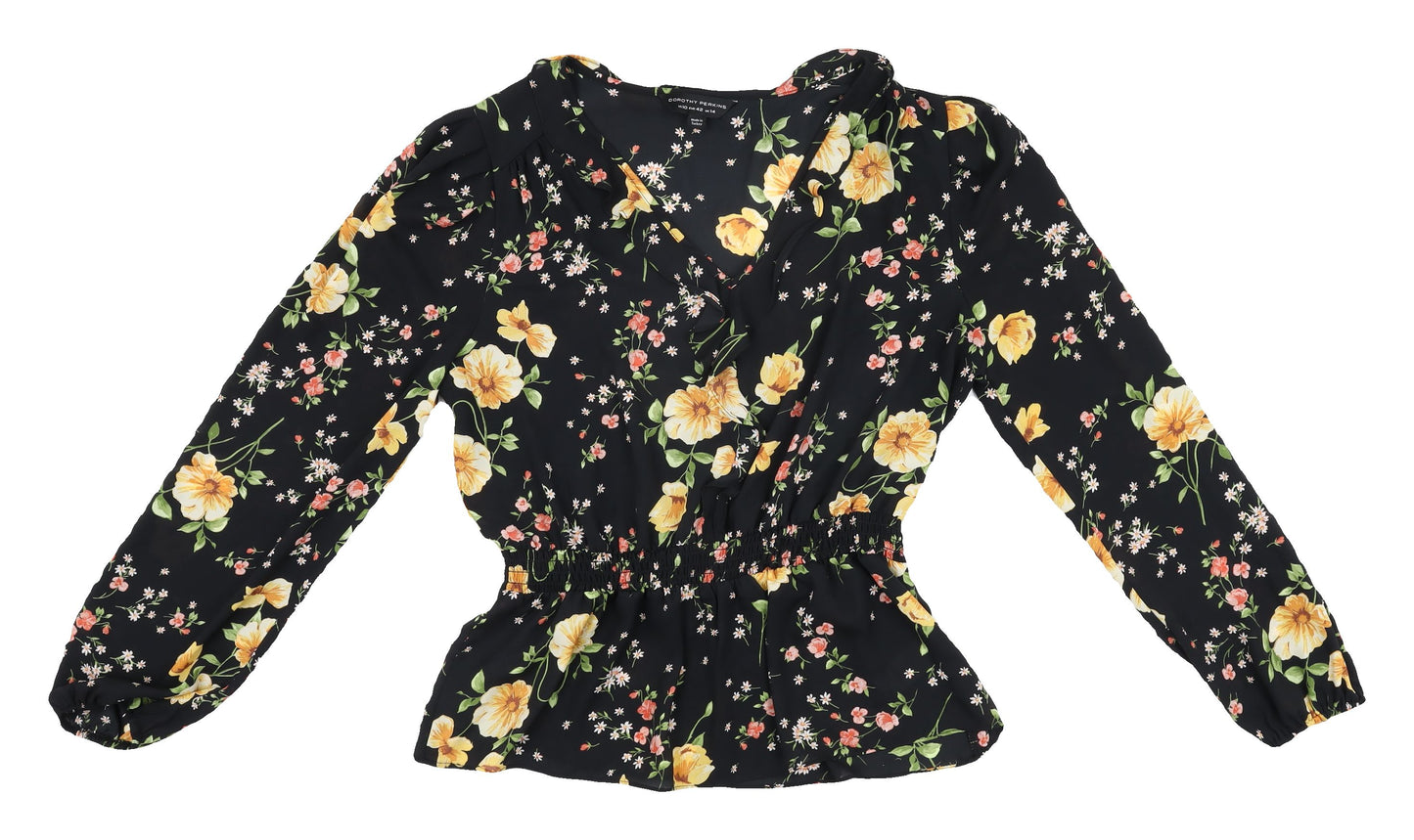 Dorothy Perkins Women's Black Floral Wrap Blouse, Size 14