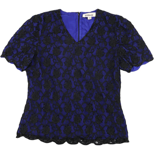 Kaleidoscope Women's Blue Beaded Lace Blouse, Size 12
