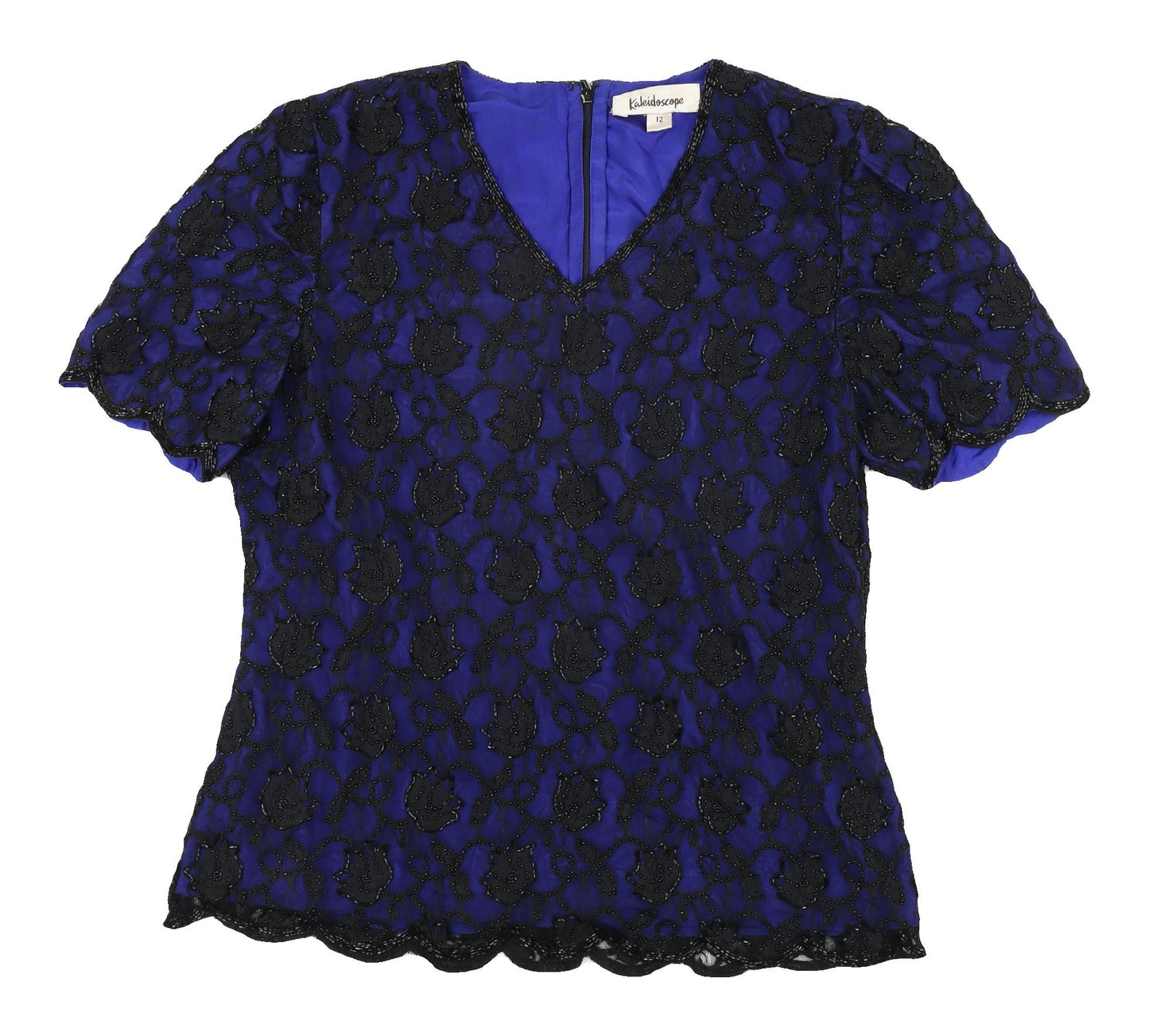 Kaleidoscope Women's Blue Beaded Lace Blouse, Size 12