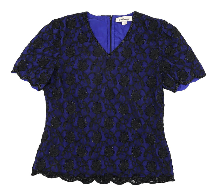 Kaleidoscope Women's Blue Beaded Lace Blouse, Size 12