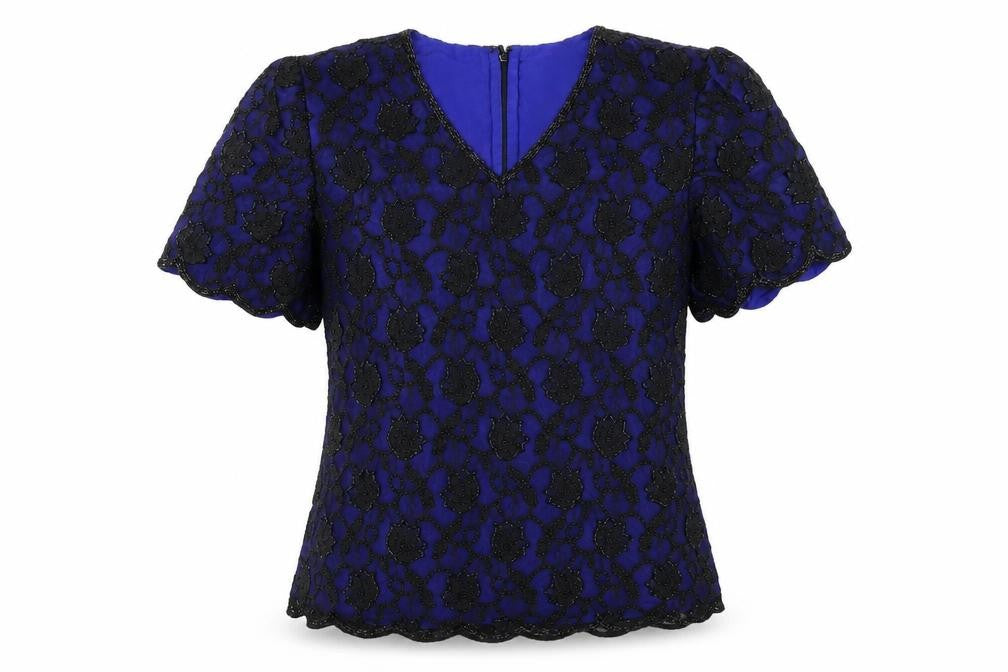 Front view of Kaleidoscope Women's Blue Beaded Lace Blouse, size 12