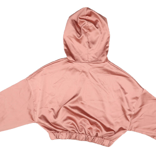 Bershka Women's Pink Satin Hooded Pullover Hoodie L