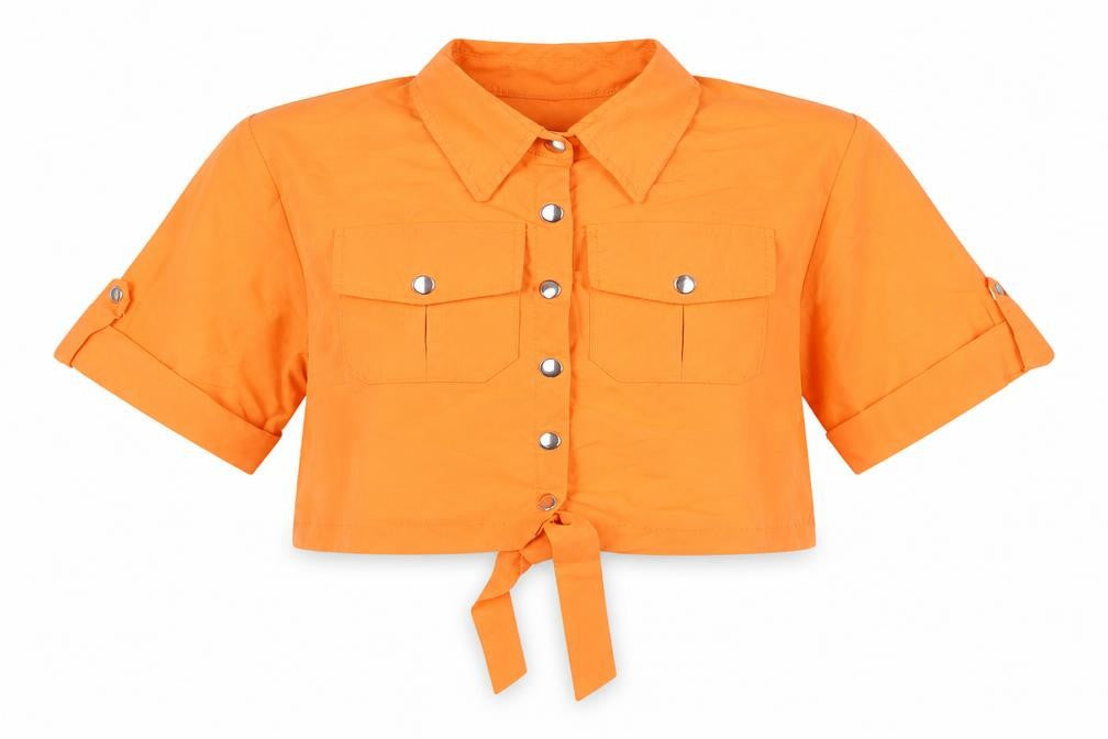 Rising Orange Cropped Button-Up Shirt, Size L
