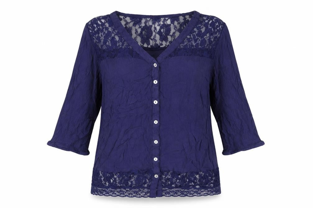 Front view of Julipa Women's Blue Lace Trim Blouse, size 14