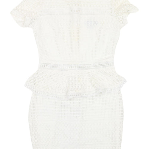 PrettyLittleThing White Peplum Lace Dress, Size 8, New