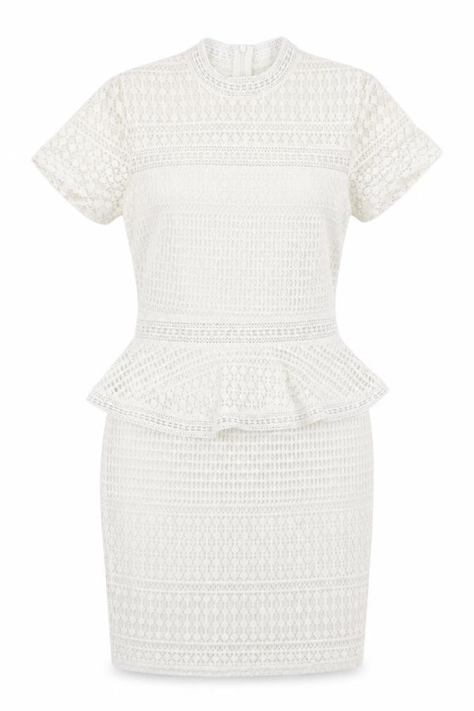 Front view of PRETTYLITTLETHING White Peplum Lace Dress, size 8, New