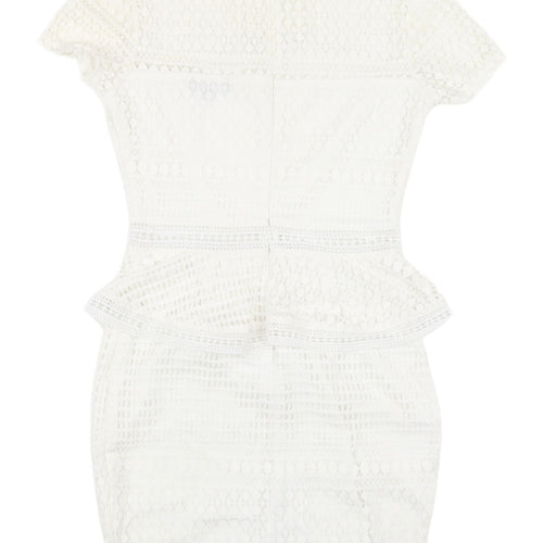 PrettyLittleThing White Peplum Lace Dress, Size 8, New