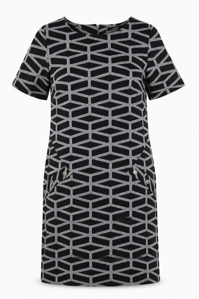 Front view of Wallis Women's Black Geometric Shift Dress, size 10