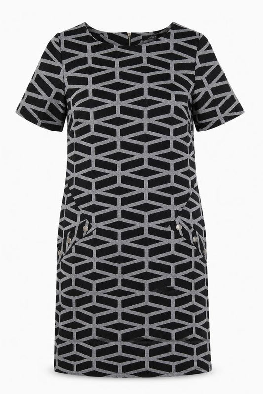 Front view of Wallis Women's Black Geometric Shift Dress, size 10