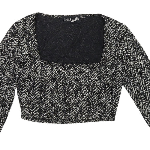 Luna Love Black Cropped Herringbone Blouse Size 10 Women