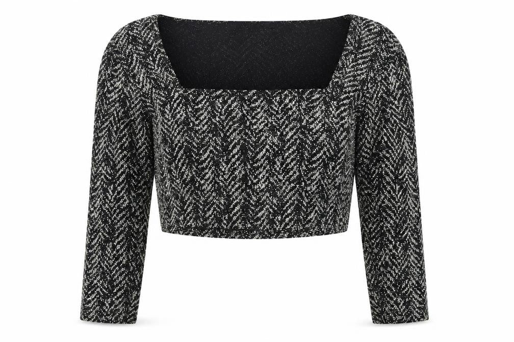 Front view of Luna Love Black Cropped Herringbone Blouse, size 10, Women