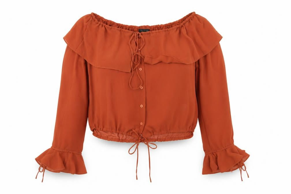 Front view of Topshop Women's Orange Off Shoulder Wrap Blouse UK 10