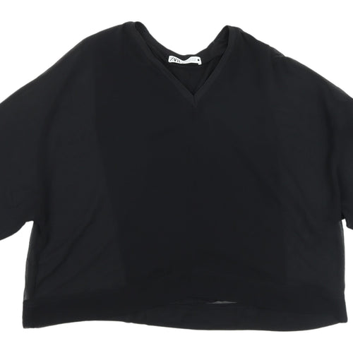 Zara Women's Black Cropped V-Neck Top, Size S, Casual