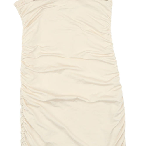 Oh Polly Beige Ruched Bodycon Dress Size 8
