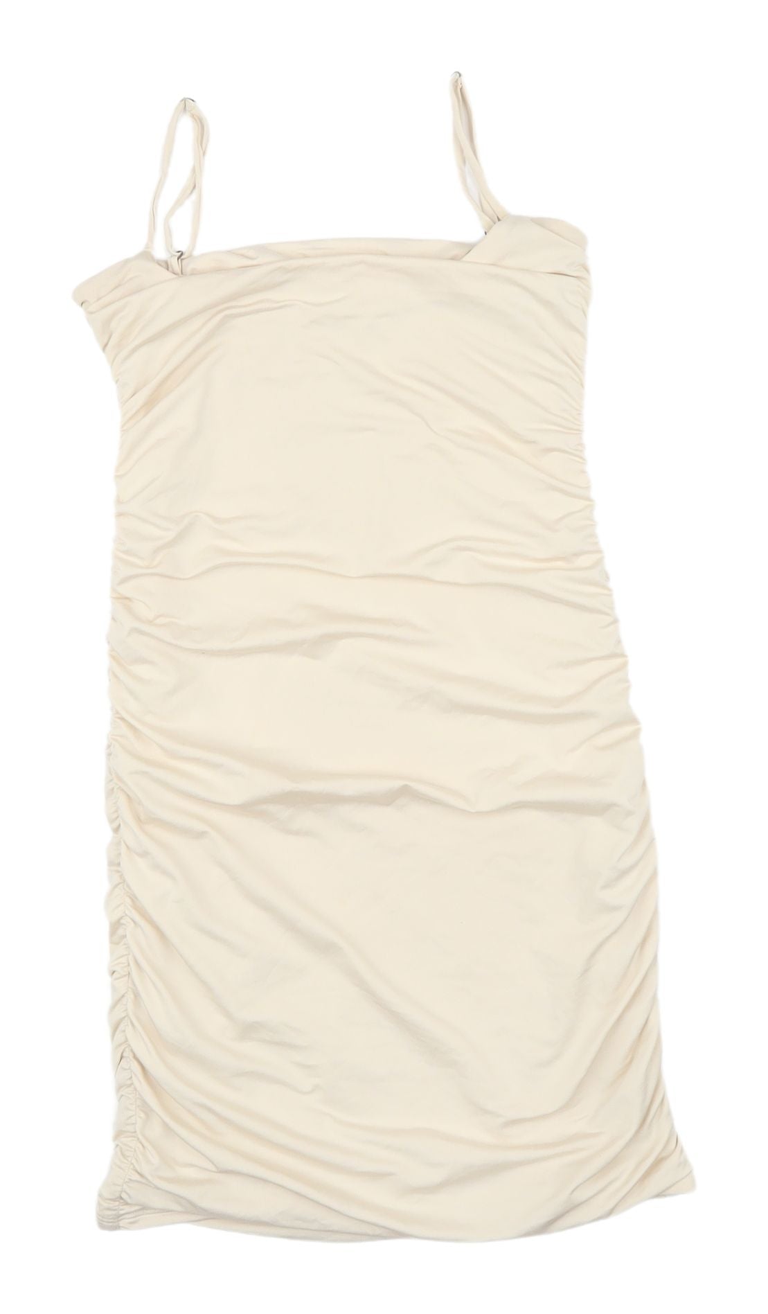Oh Polly Beige Ruched Bodycon Dress Size 8
