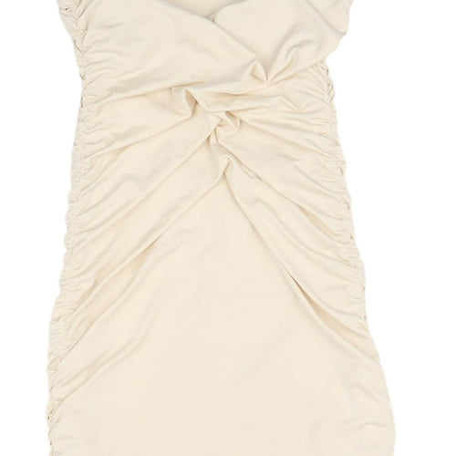 Oh Polly Beige Ruched Bodycon Dress Size 8