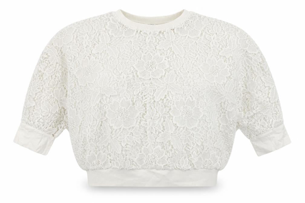 Front view of YAYA Women White Cropped Lace Top, size 6, Regular Fit