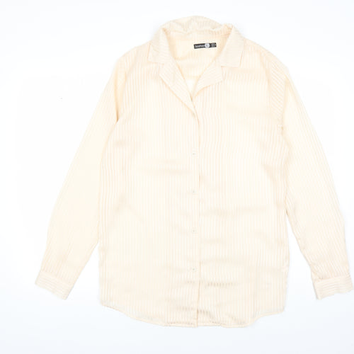 Boohoo Womens Beige Striped Polyester Basic Button-Up Size 6 Collared