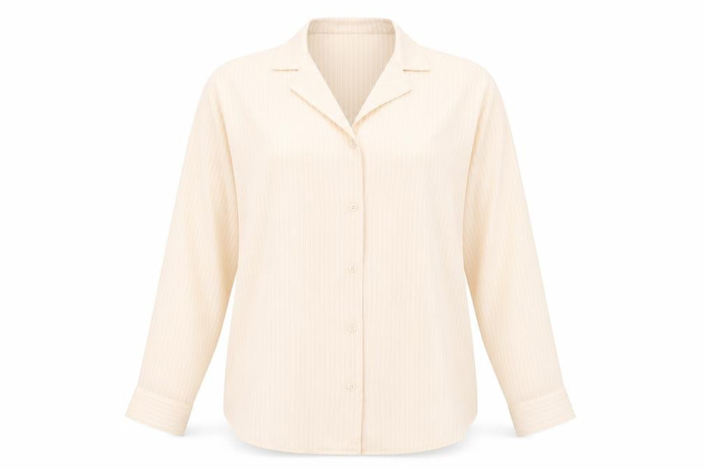 Front view of Boohoo women’s beige striped polyester basic button-up, size UK 6, collared